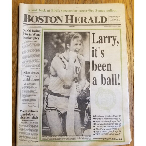 Vintage Larry Bird retirement Boston Herald paper complete August 19, 1992 RARE - Picture 1 of 8